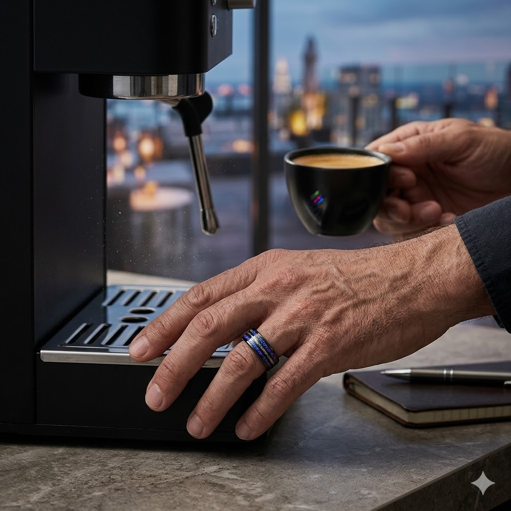 Cosmic meteorite men’s ring, black Orion nebula unique wedding band