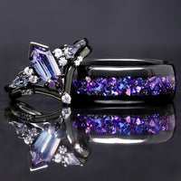 His and hers black alexandrite galaxy ring set with crab nebula inlay, black tungsten wedding band and matching engagement ring