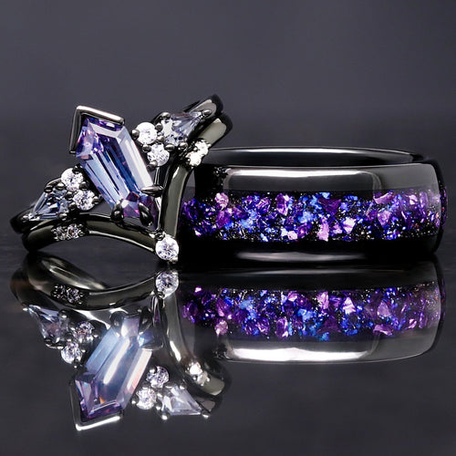 His and hers black alexandrite galaxy ring set with crab nebula inlay, black tungsten wedding band and matching engagement ring