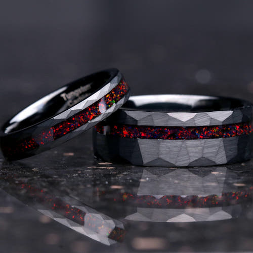 Matching hammered black tungsten couples ring set with black fire opal inlays, 8mm and 4mm