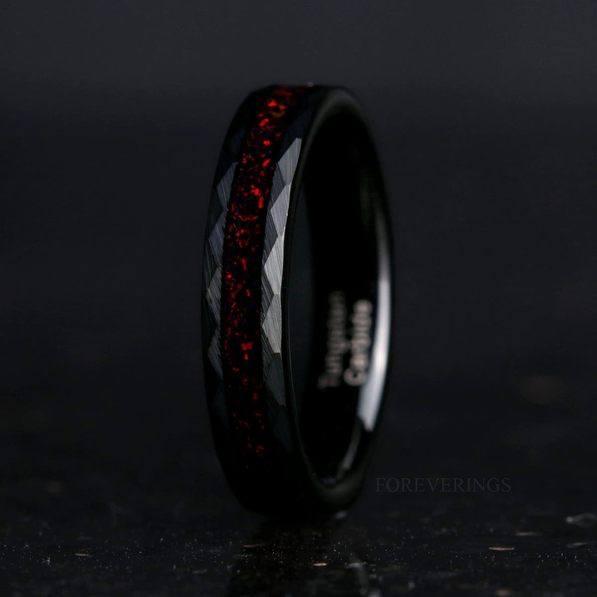 Crushed black fire opal hammered black tungsten band, side view