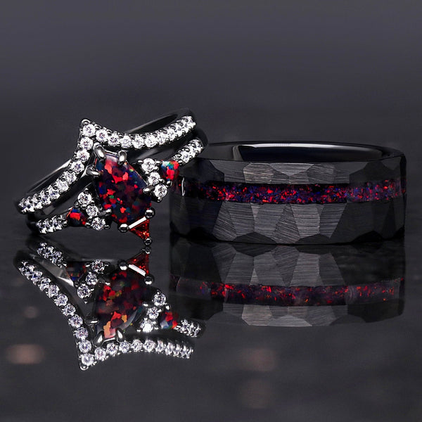 His and hers black fire opal ring set, hammered black tungsten wedding band with red opal inlay and matching 925 silver promise ring