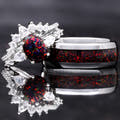 Matching black fire opal couples ring set, her sterling silver bridal set leaning on his silver tungsten band