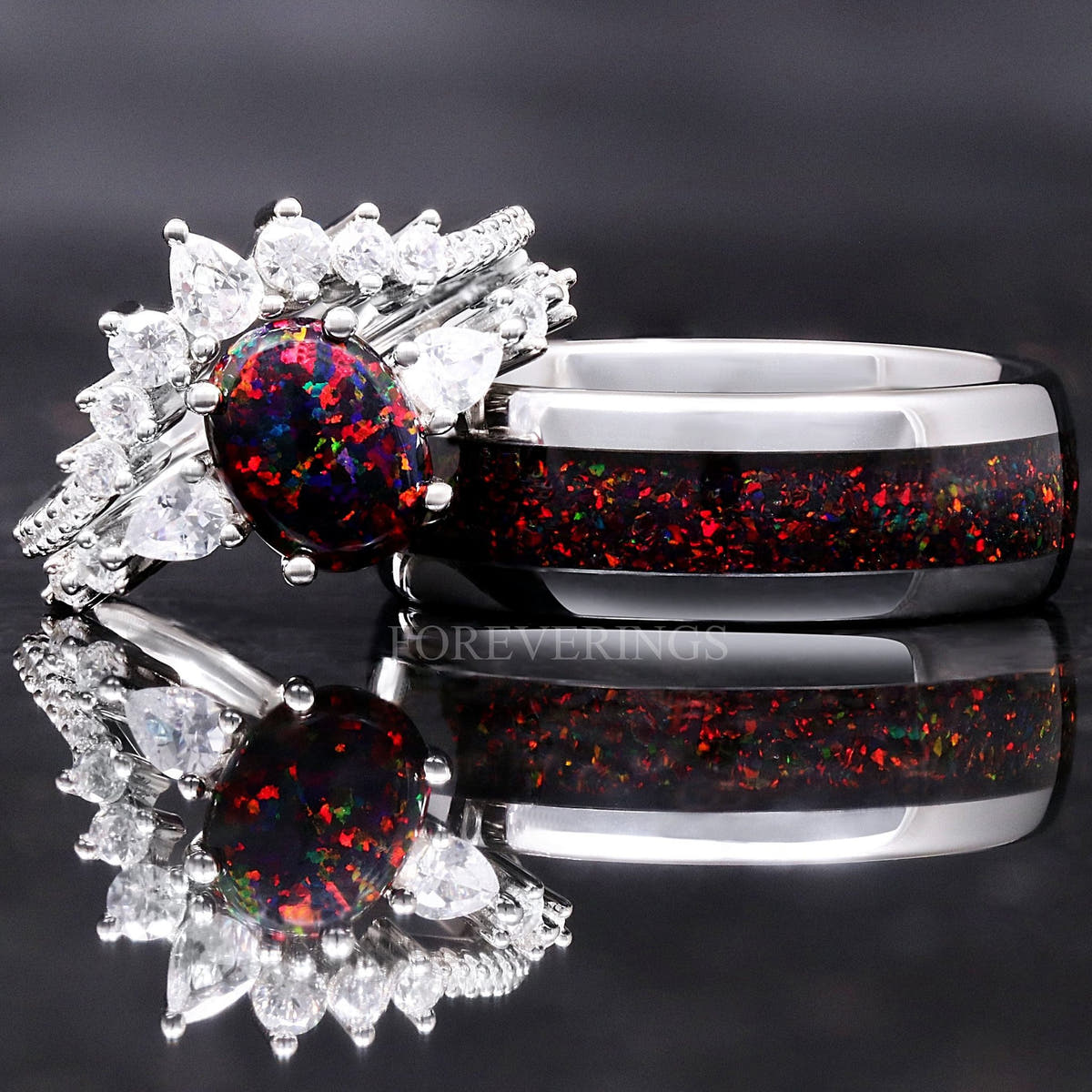 Matching black fire opal couples ring set, her sterling silver bridal set leaning on his silver tungsten band