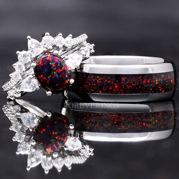 Matching black fire opal couples ring set, her sterling silver bridal set leaning on his silver tungsten band