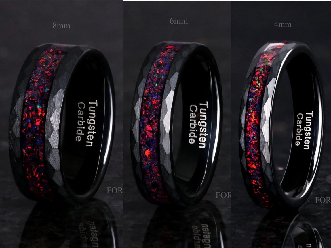 Crushed black fire opal hammered black tungsten bands in 8mm, 6mm and 4mm widths