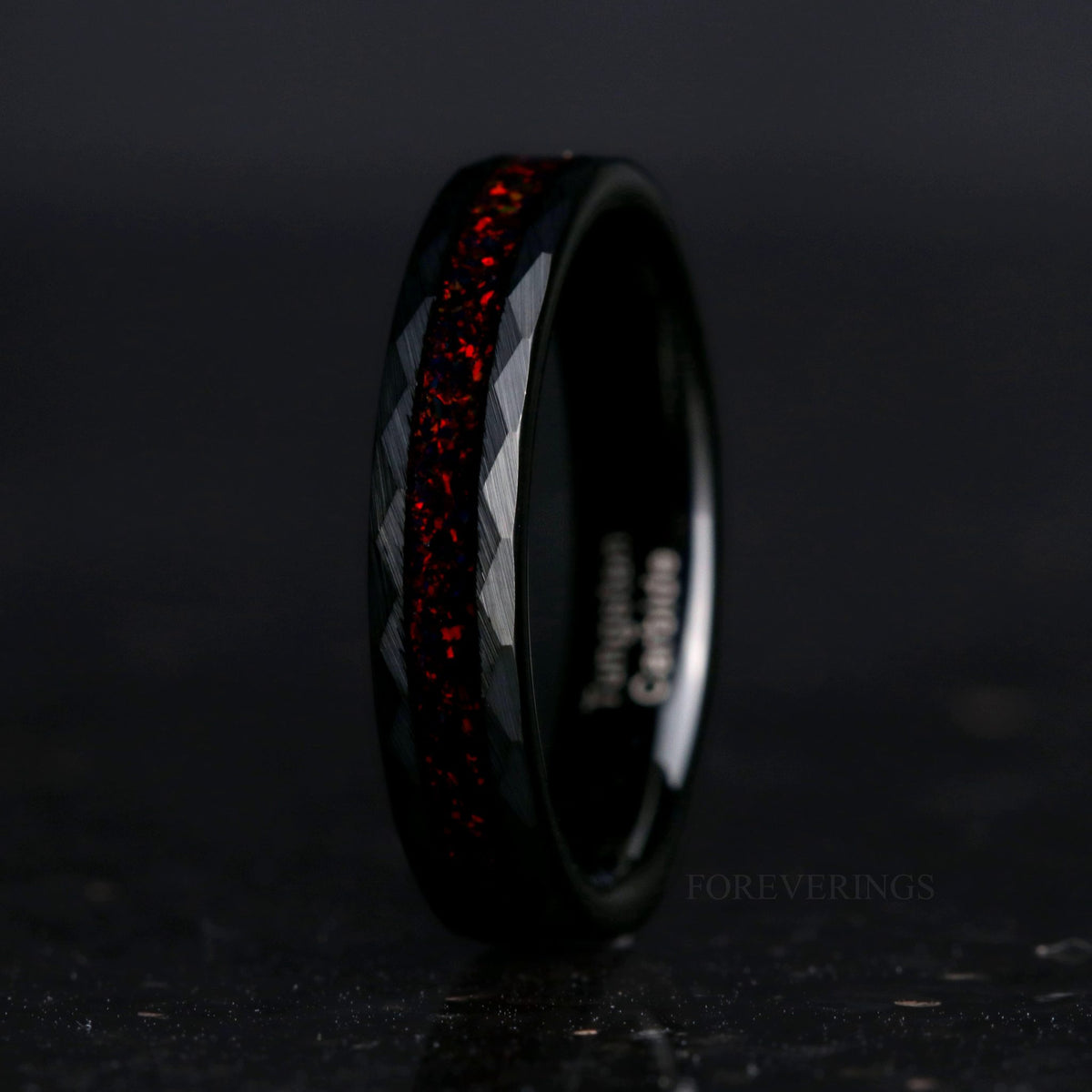 Crushed black fire opal hammered black tungsten band, side view