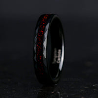 Crushed black fire opal hammered black tungsten band, side view