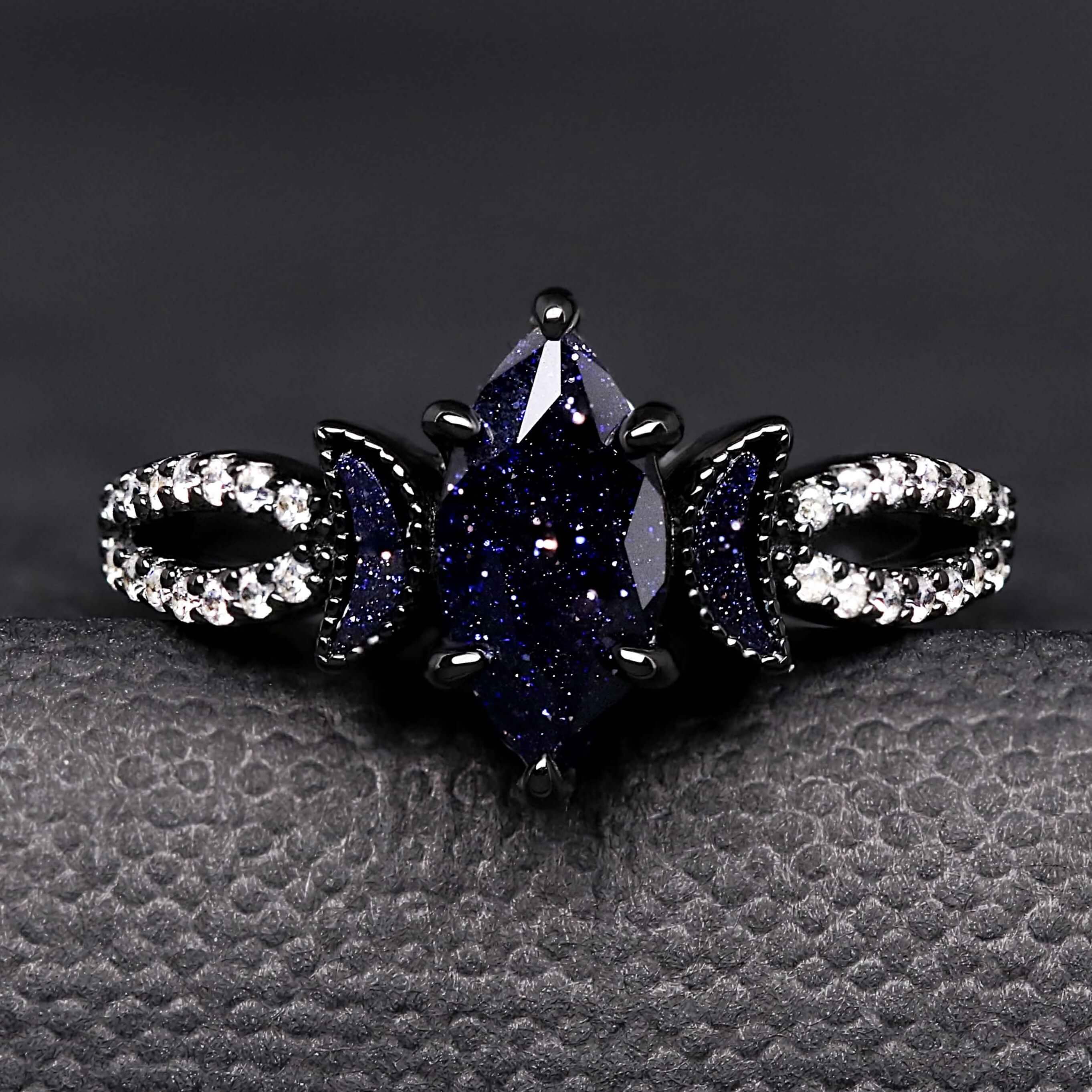 Lunara Celestial Couples Ring Set | Black Tungsten & Sterling Silver with Marquise Sandstone
