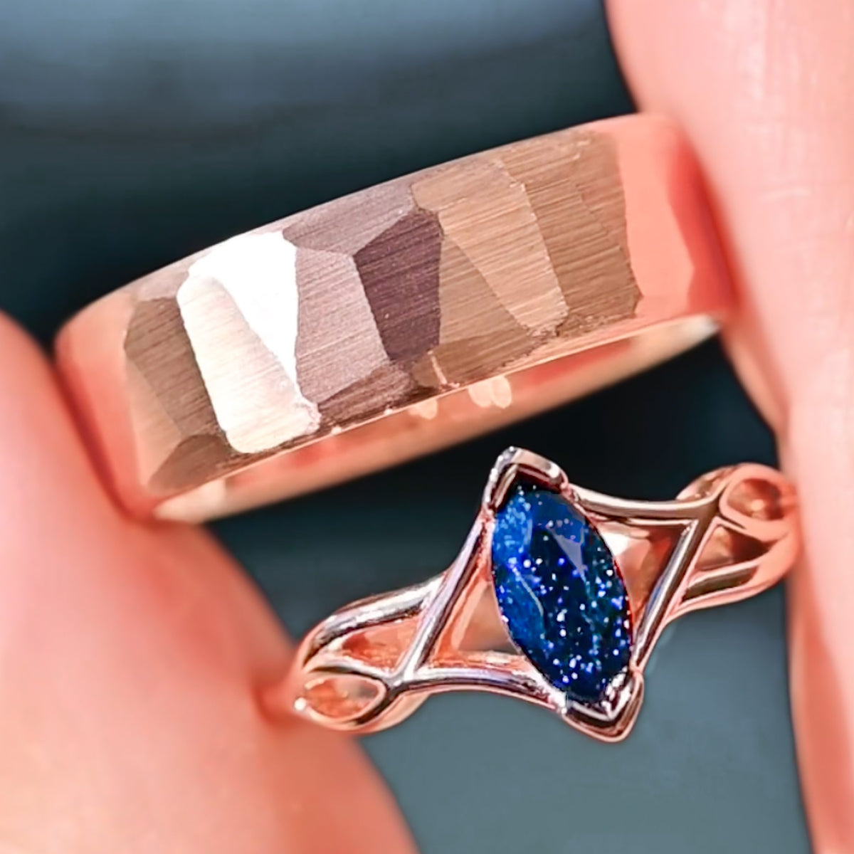 Blue Sandstone Celtic Couples Ring Set | Rose Gold His & Hers