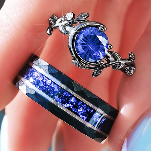 Nightleaf Blue Sapphire Couples Ring Set | Black Crescent Moon