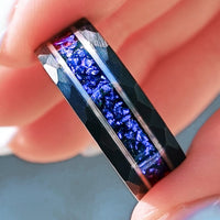 Nightleaf Mens Sapphire Wedding Band | Hammered Black Tungsten