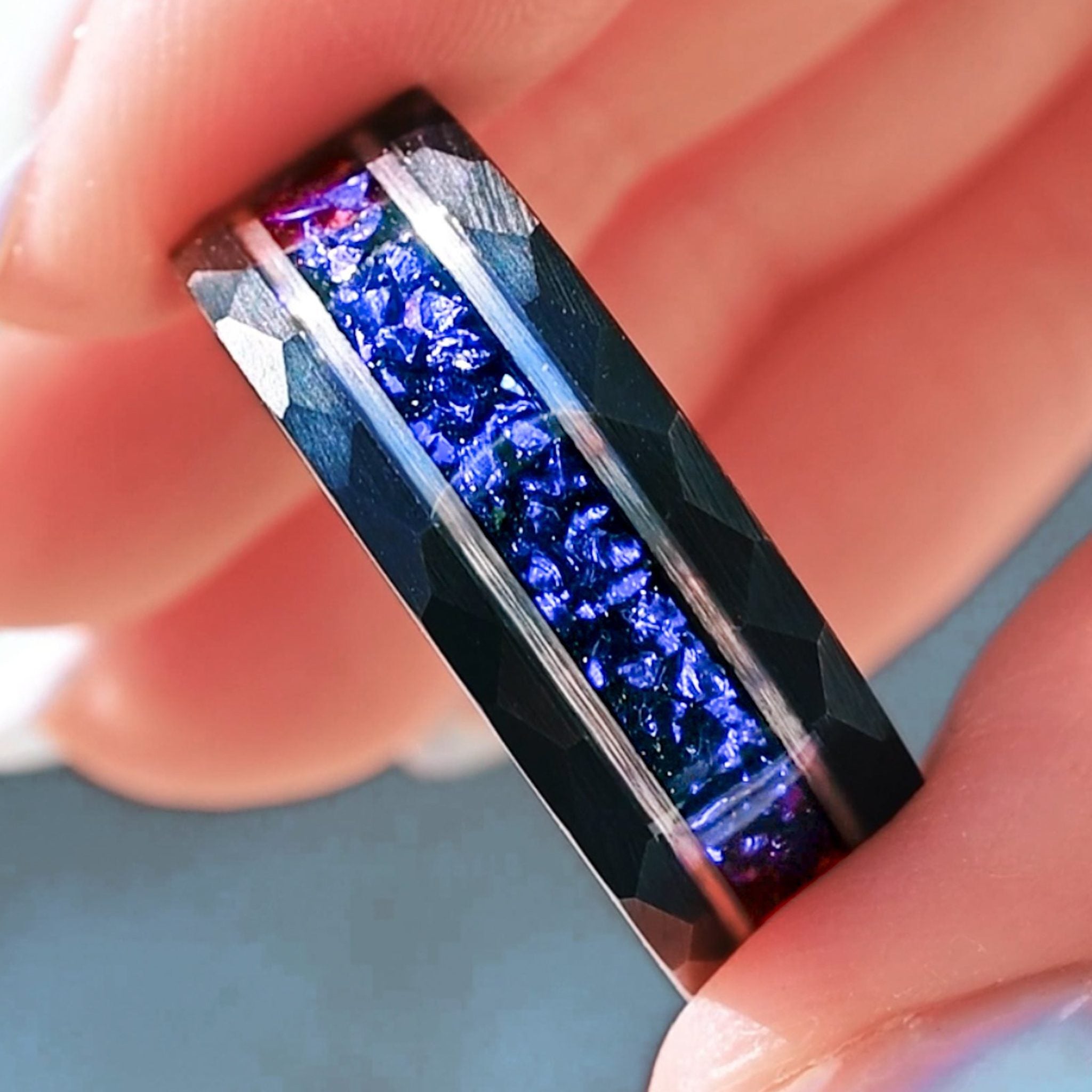 Nightleaf Mens Sapphire Wedding Band | Hammered Black Tungsten
