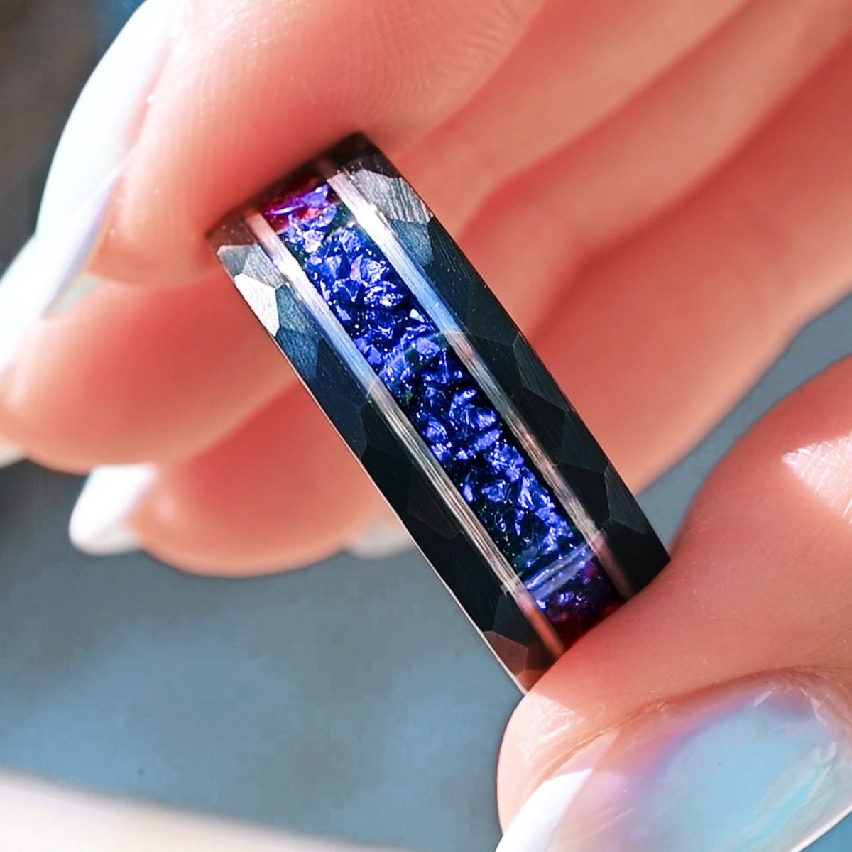 Nightleaf Mens Sapphire Wedding Band | Hammered Black Tungsten
