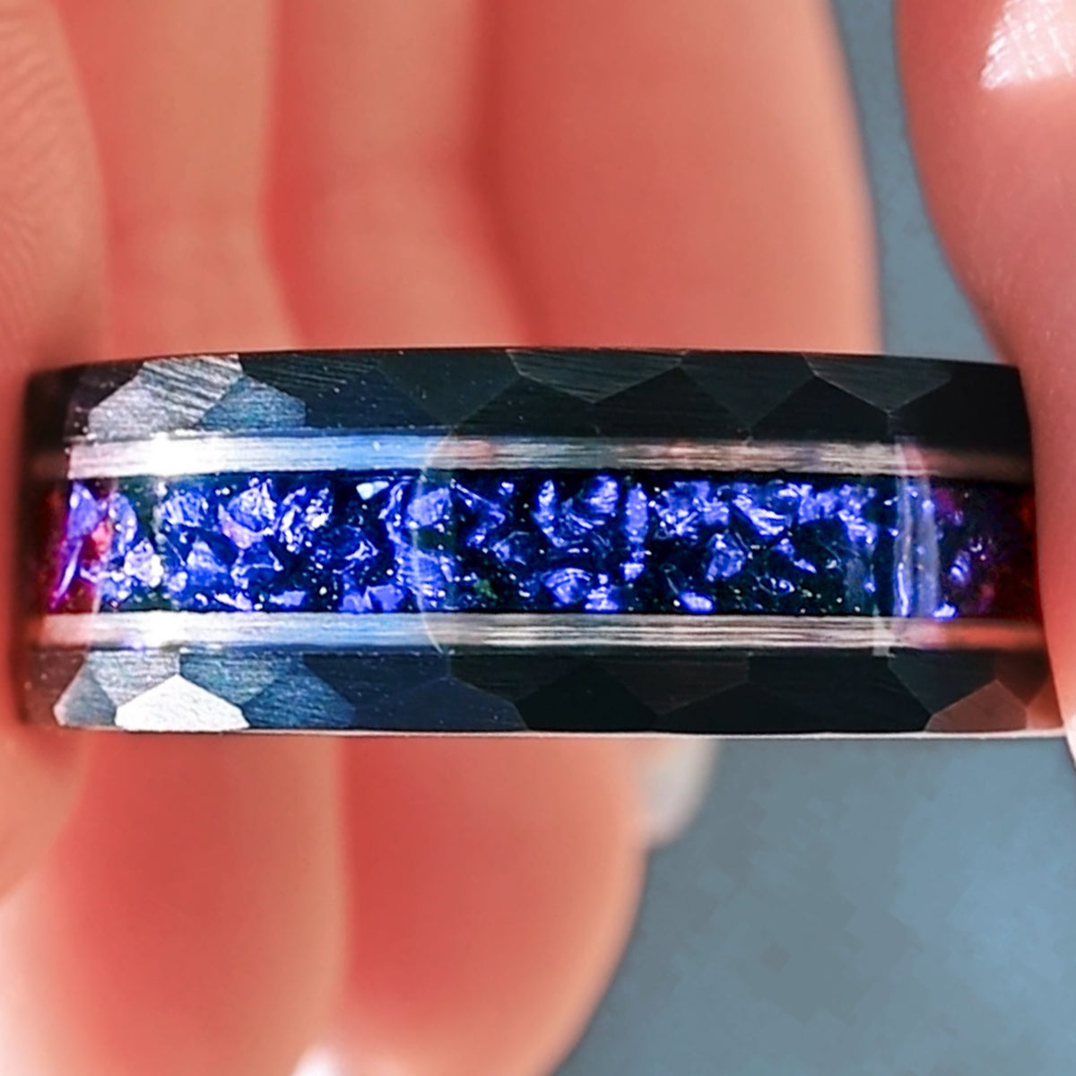 Nightleaf Mens Sapphire Wedding Band | Hammered Black Tungsten