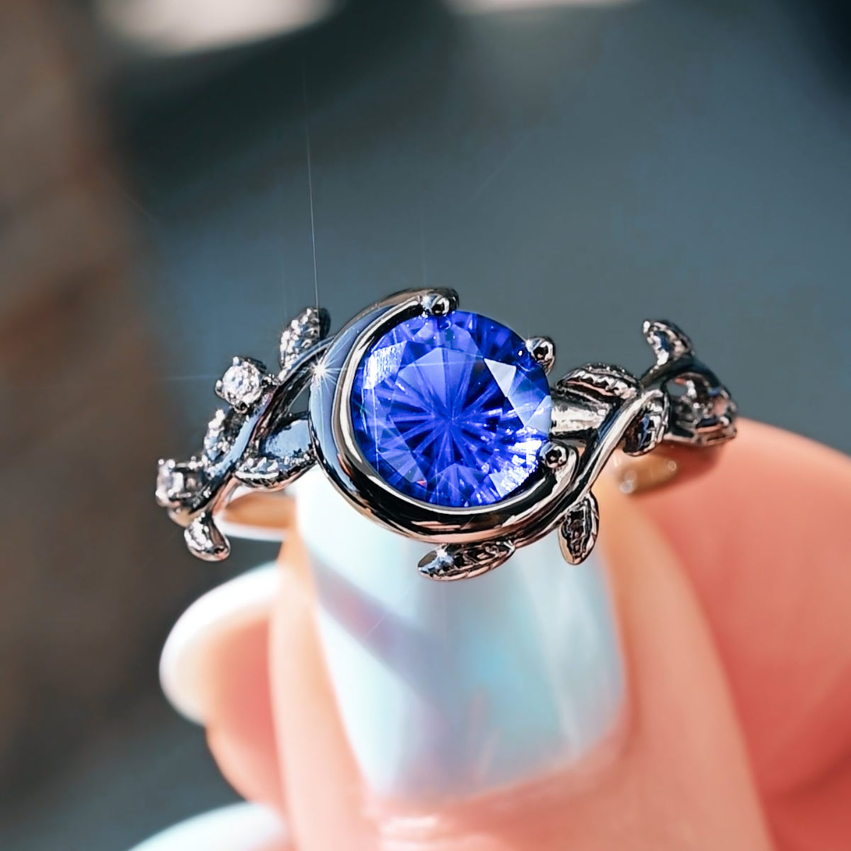Nightleaf Blue Sapphire Crescent Moon Ring | Black Vine Sterling