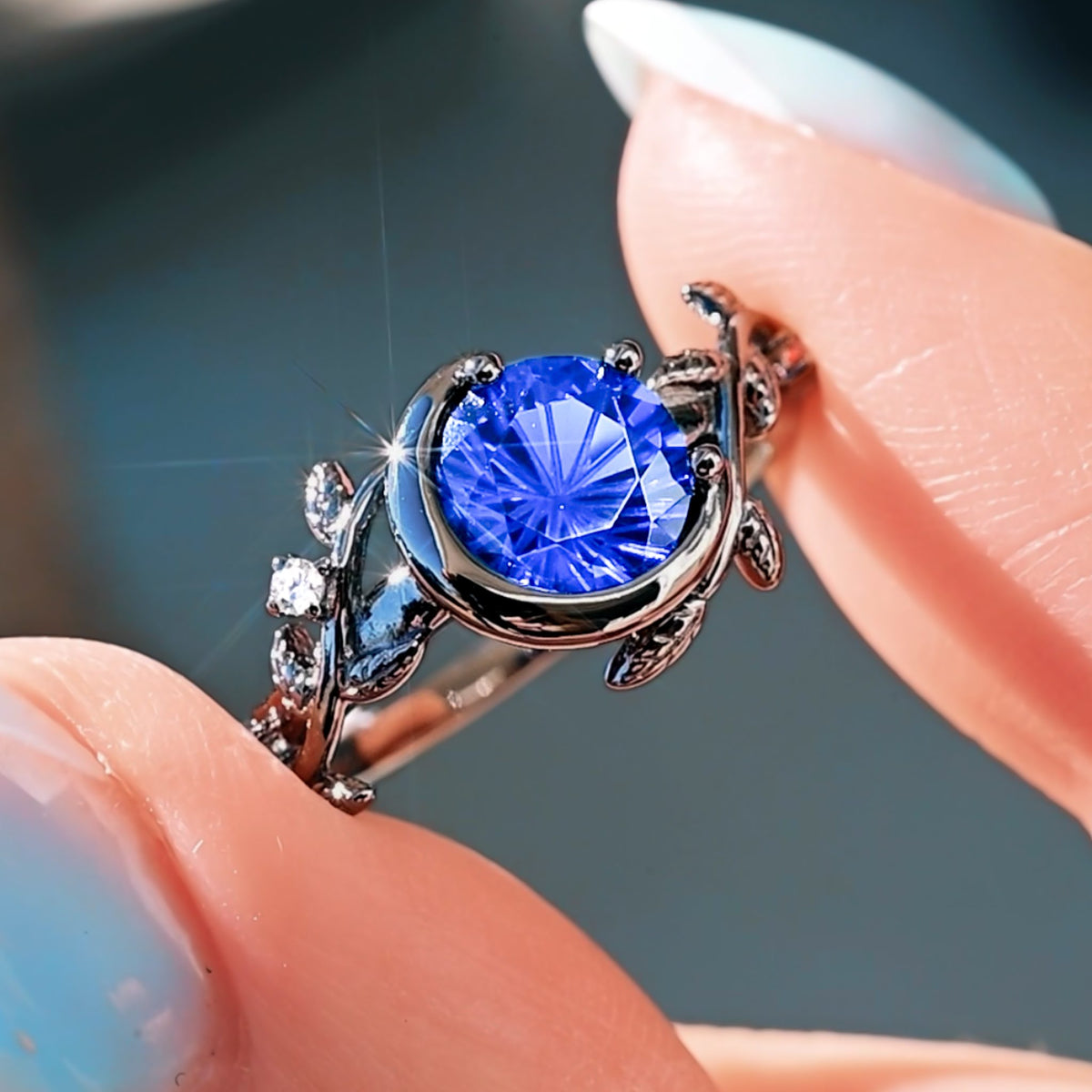 Nightleaf Blue Sapphire Crescent Moon Ring | Black Vine Sterling