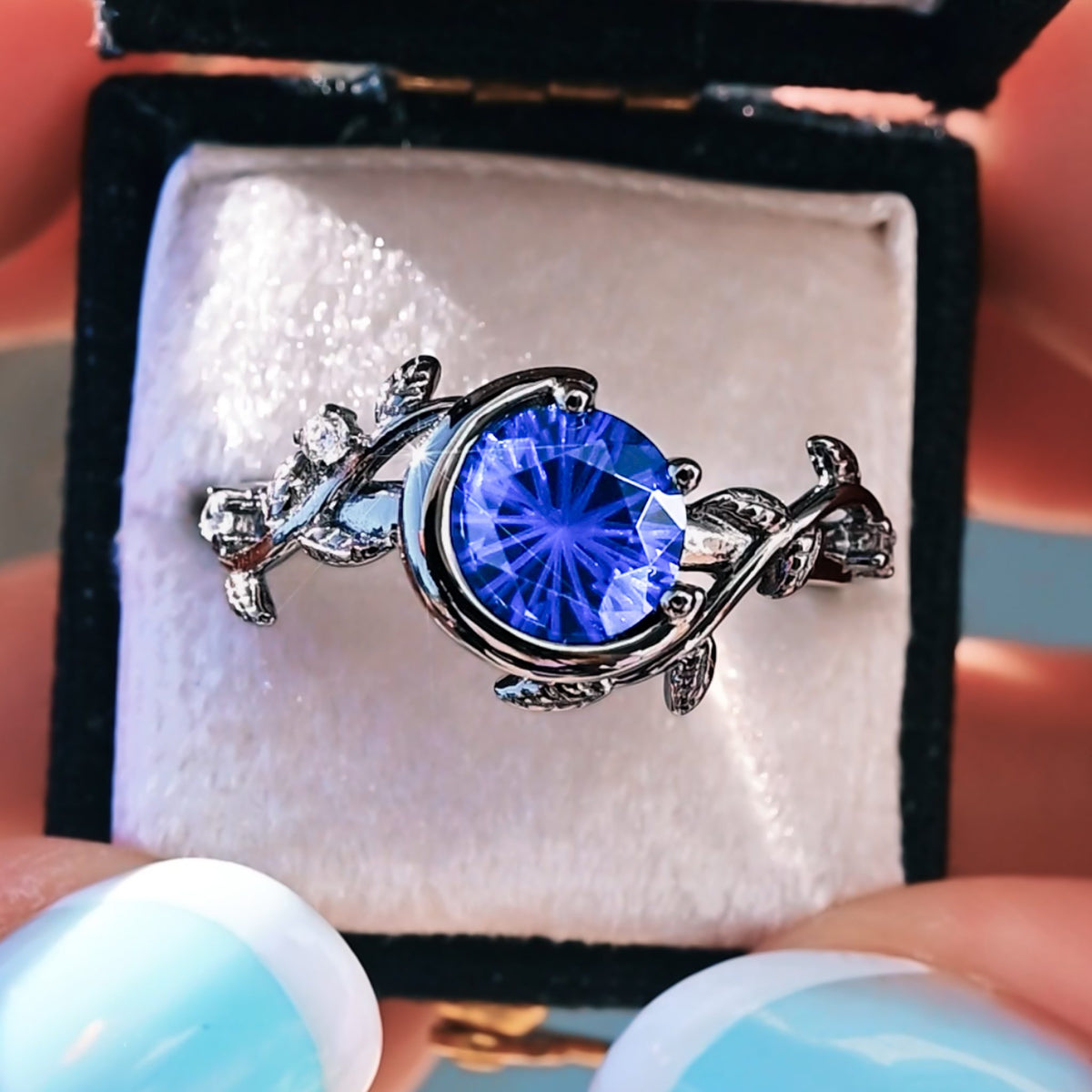 Nightleaf Blue Sapphire Crescent Moon Ring | Black Vine Sterling