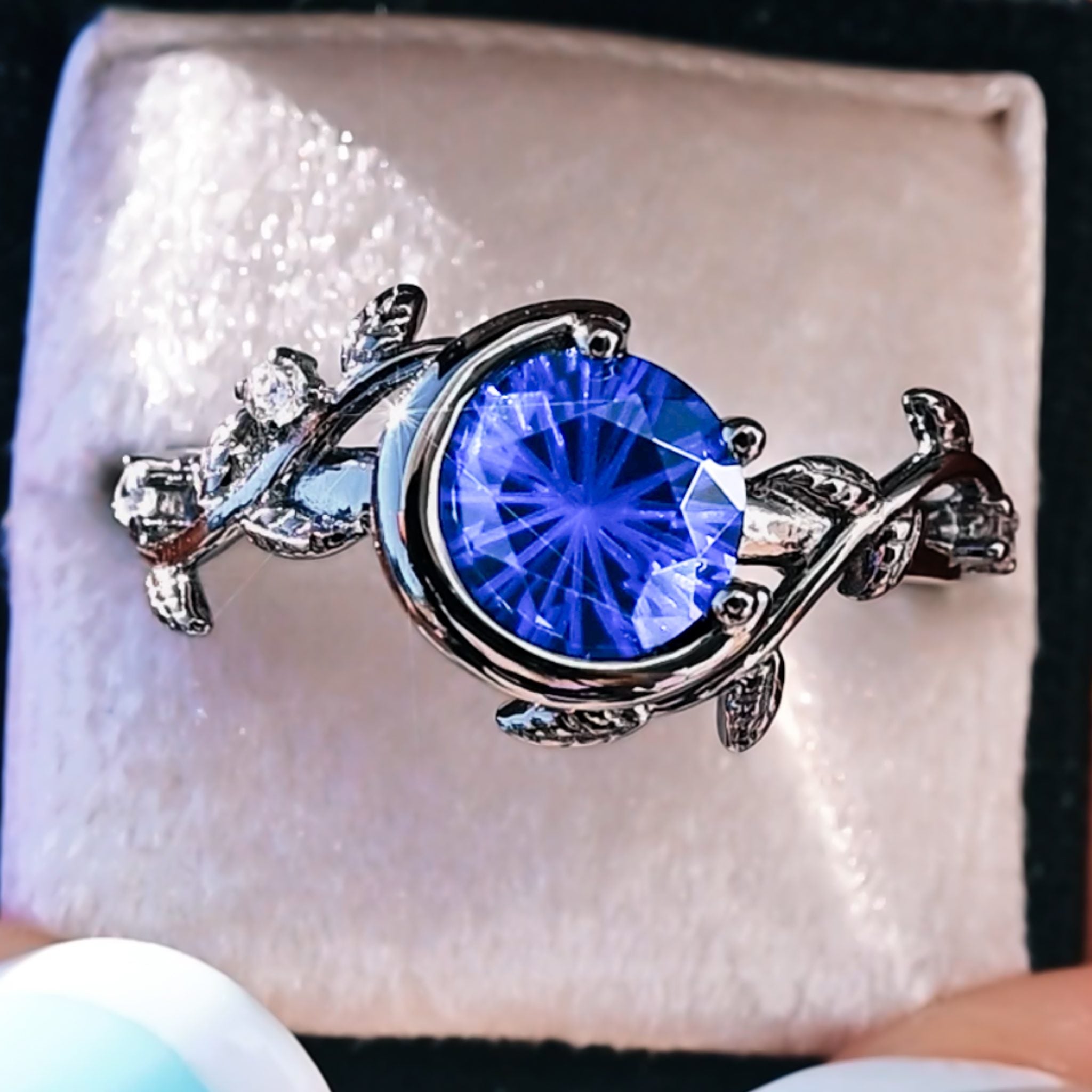 Nightleaf Blue Sapphire Crescent Moon Ring | Black Vine Sterling