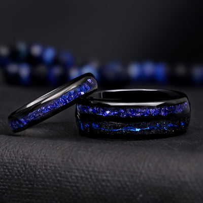 Blue Sapphire Couples Ring Set in Polished Black Tungsten | 8mm and 4mm Wedding Bands