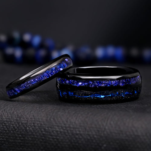 Matching black tungsten couples ring set with crushed blue sapphire inlays, 8mm and 4mm