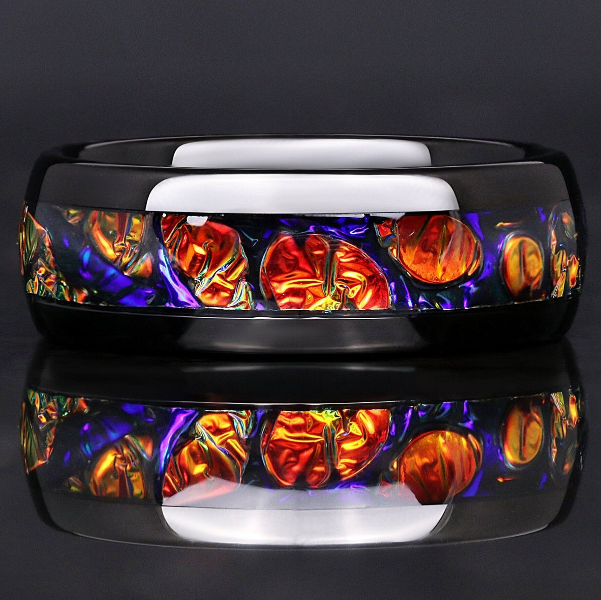 Men's 8mm black tungsten band with red and orange dichrolam inlay, shown straight on with a reflection
