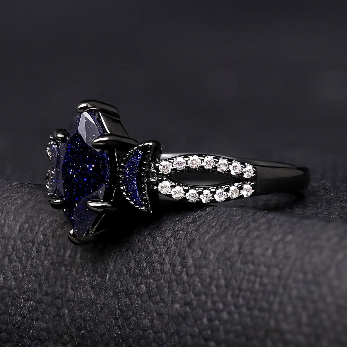 Lunara Celestial Couples Ring Set | Black Tungsten & Sterling Silver with Marquise Sandstone