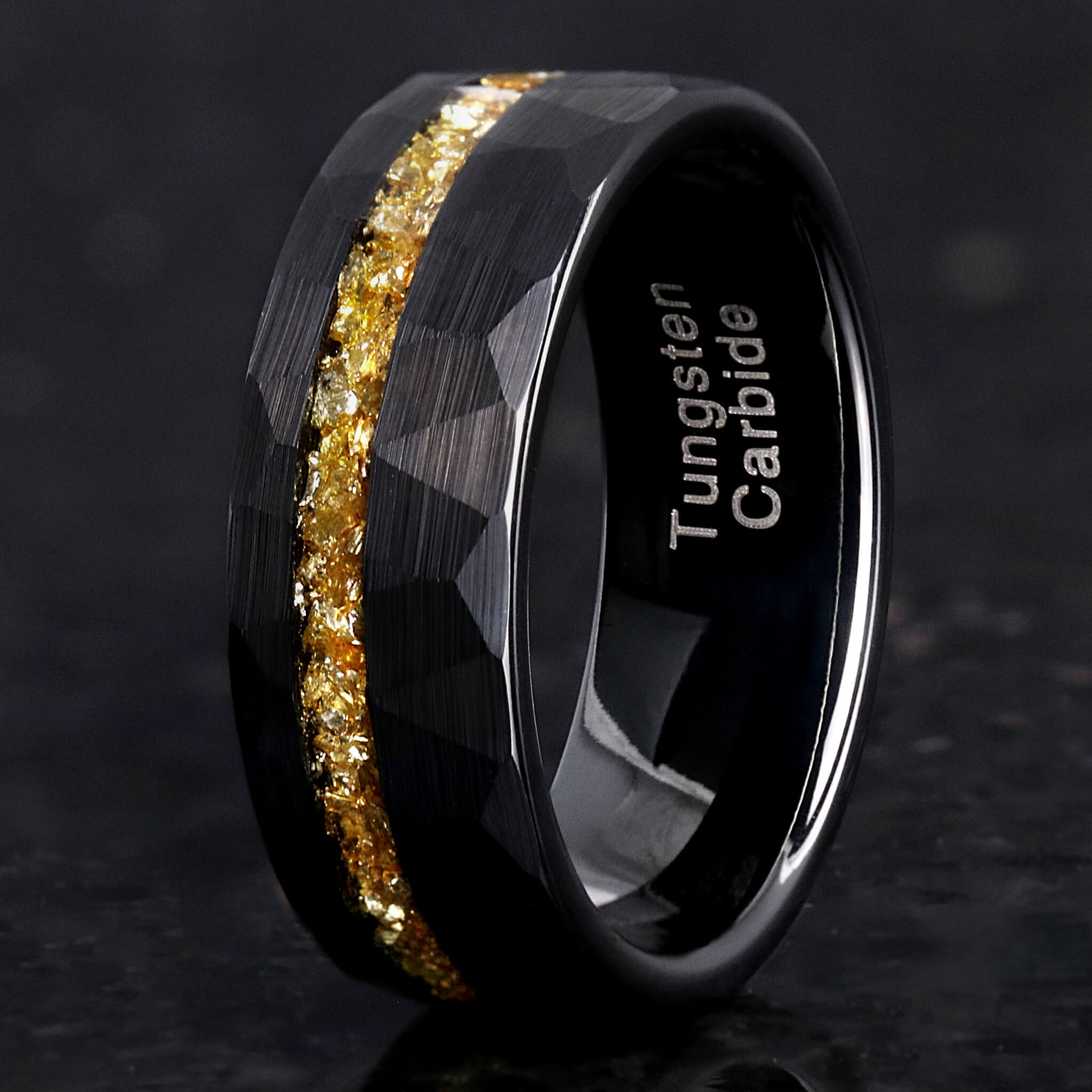 8mm Men Tungsten Wedding Band, Crushed Citrine Glass Stones, Black Tungsten Ring, Citrine Ring, Hammered, Flat, Comfort Fit