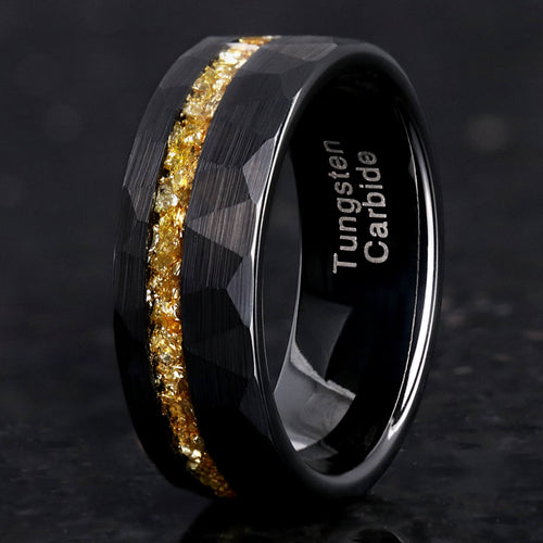 Men's 8mm black hammered tungsten band with crushed citrine inlay, close-up