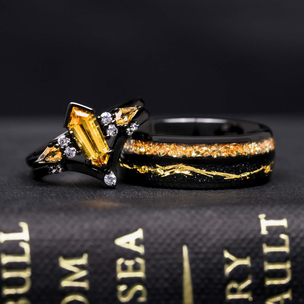 Mens Citrine Engagement Ring | Black & Gold 8mm Tungsten Band