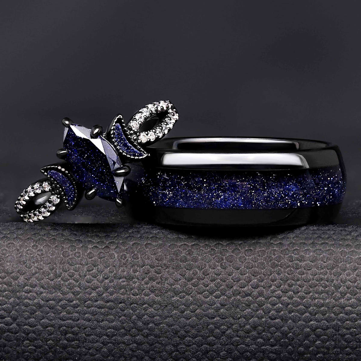 Matching black couples ring set with blue sandstone, marquise crescent moon ring and 8mm tungsten band