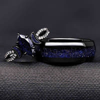 Lunara Celestial Couples Ring Set | Black Tungsten & Sterling Silver with Marquise Sandstone