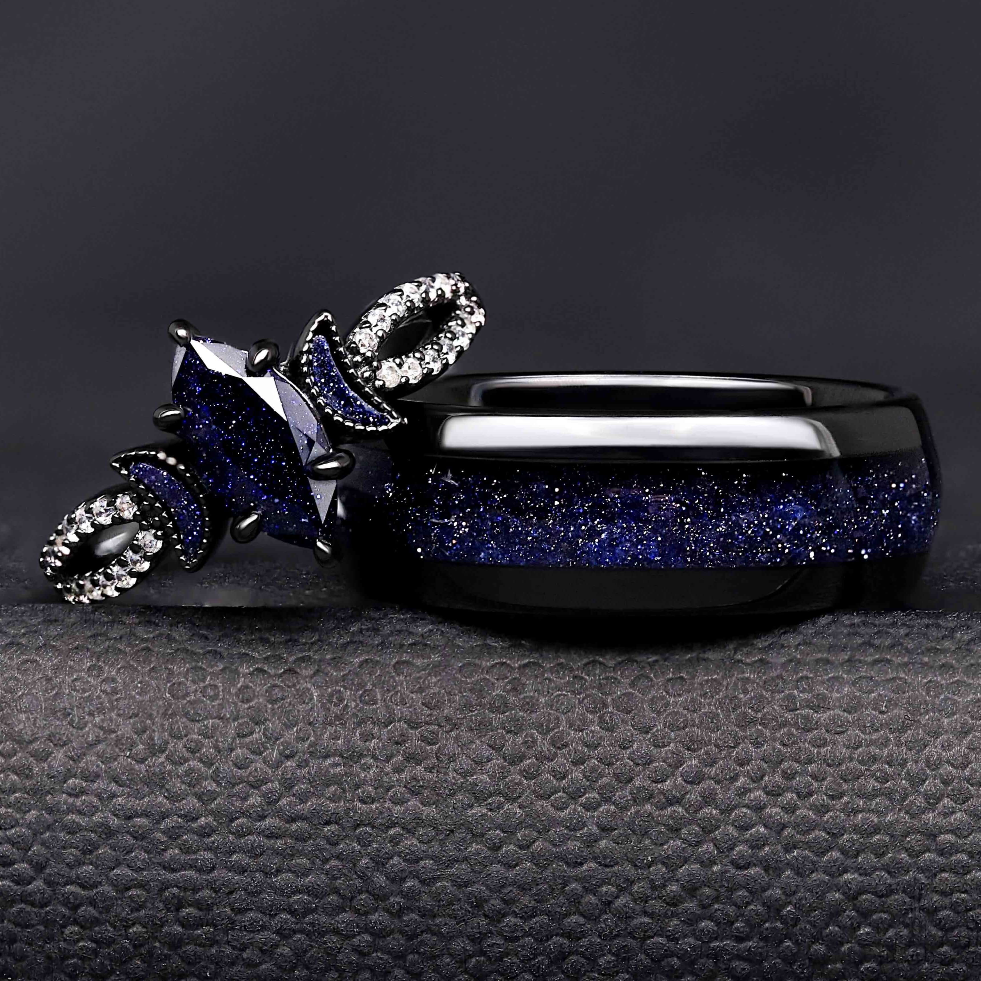 Lunara Celestial Couples Ring Set | Black Tungsten & Sterling Silver with Marquise Sandstone