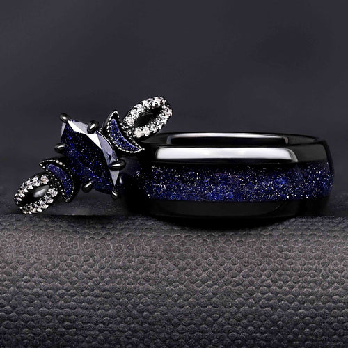Lunara Celestial Couples Ring Set | Black Tungsten & Sterling Silver with Marquise Sandstone