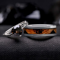 Smoky Quartz & Whiskey Barrel Couples Ring Set | Tungsten and Sterling Silver