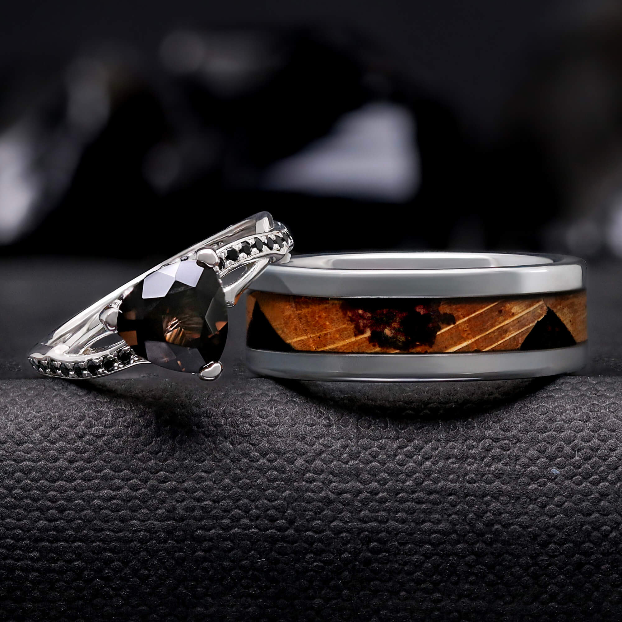 Smoky Quartz & Whiskey Barrel Couples Ring Set | Tungsten and Sterling Silver