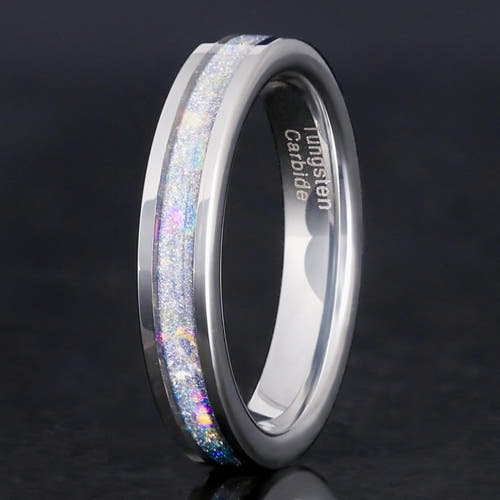 Crushed moonstone silver tungsten wedding band, 4mm polished flat nebula ring