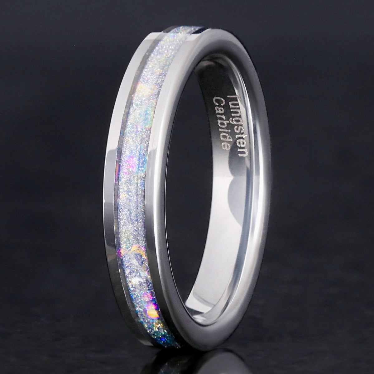 Crushed moonstone silver tungsten wedding band, 4mm polished flat nebula ring