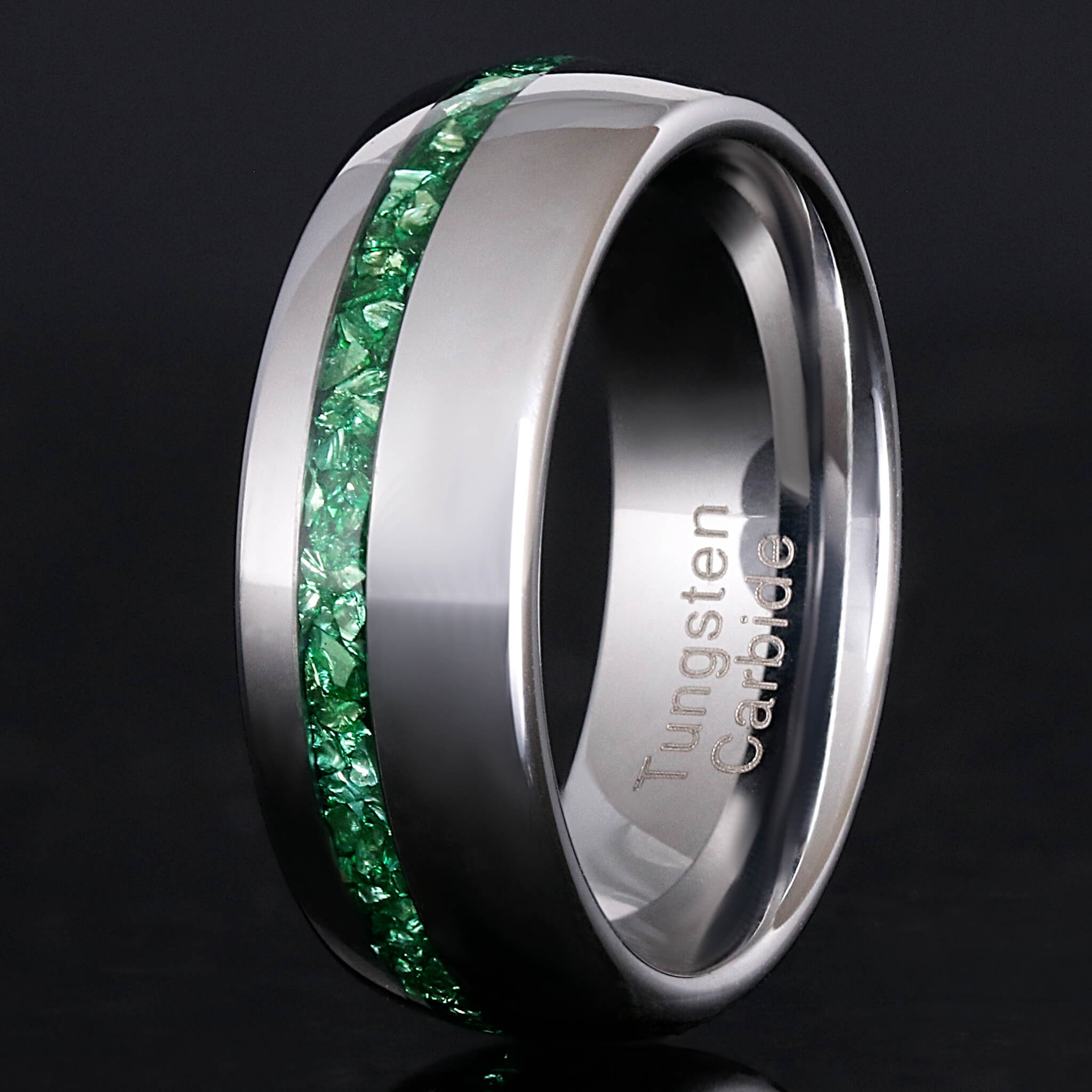 Emerald Mens Wedding Band, Silver Tungsten Ring, 8mm or 6mm Green Gemstone Ring, Dome, Polish, Man Engagement Ring, Unique Promise Ring, Engraving