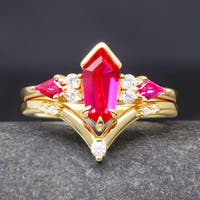 Gold RUBY Engagement Ring Set, Kite Coffin Stone, 925 Sterling Silver Ring, Woman Alternative Wedding Ring, Her Promise Ring