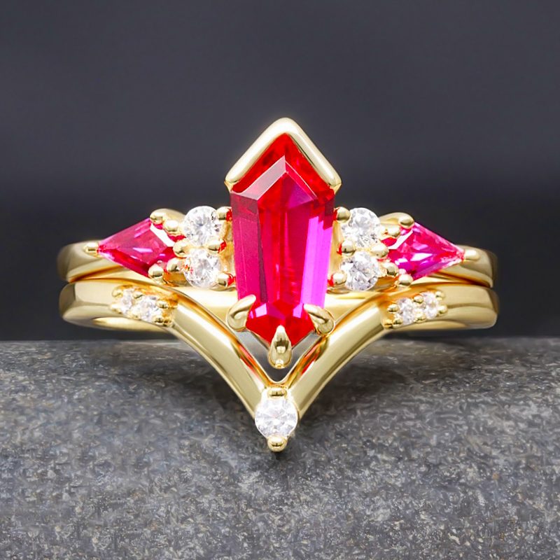 Gold ruby engagement ring set with kite coffin stone, 925 sterling silver