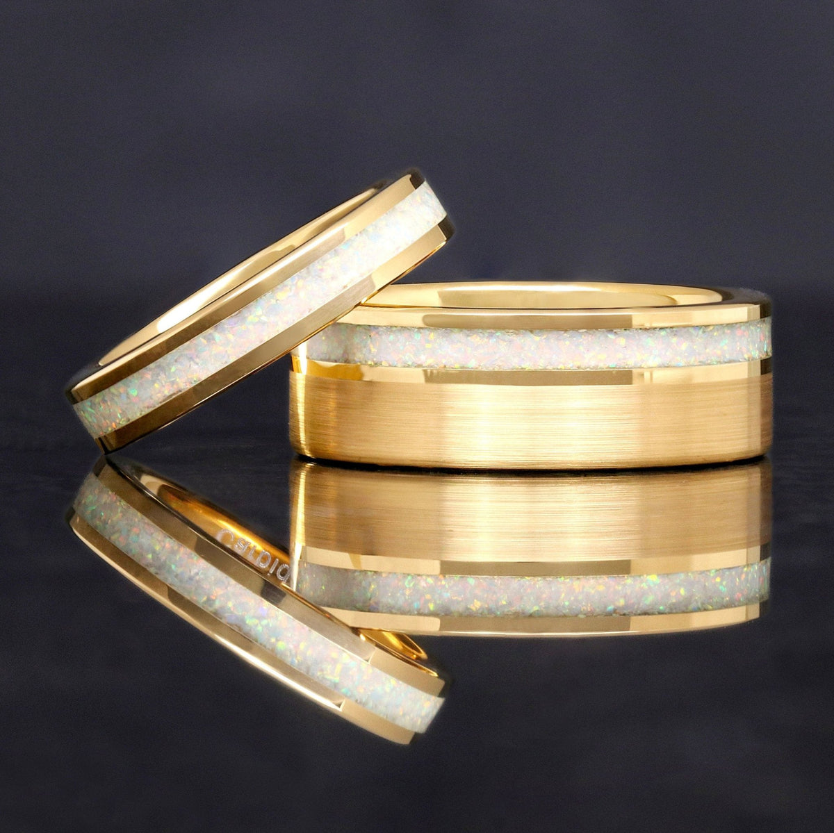 His and hers gold opal ring set, 8mm and 4mm gold tungsten wedding bands with white fire opal inlay