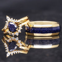 Great rift nebula ring set, his and hers gold tungsten wedding band and gold plated 925 silver ring with blue sandstone inlay