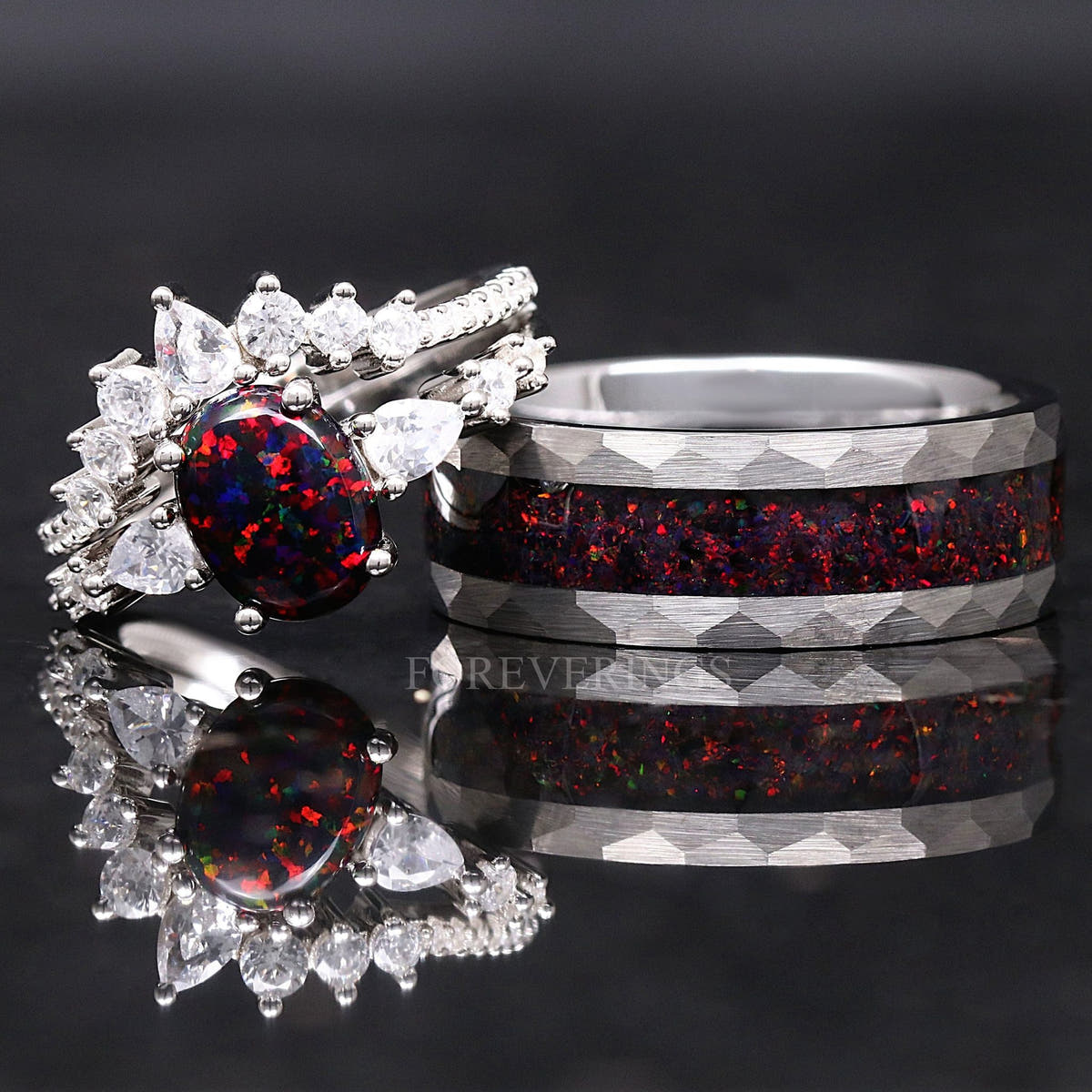 Matching silver couples ring set: black fire opal bridal set and hammered tungsten band with black fire opal inlay