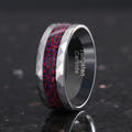 Men's 8mm hammered silver tungsten ring with black fire opal inlay, angled to show the interior