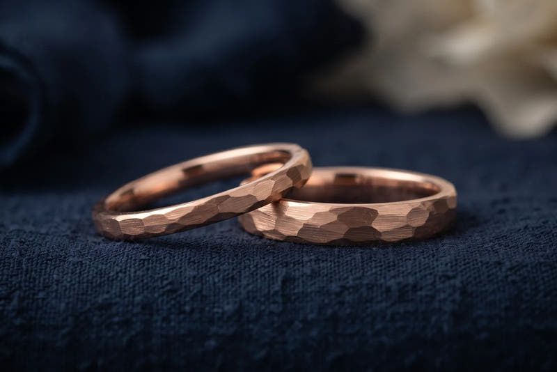 Hammered rose gold couple rings, his and hers bands
