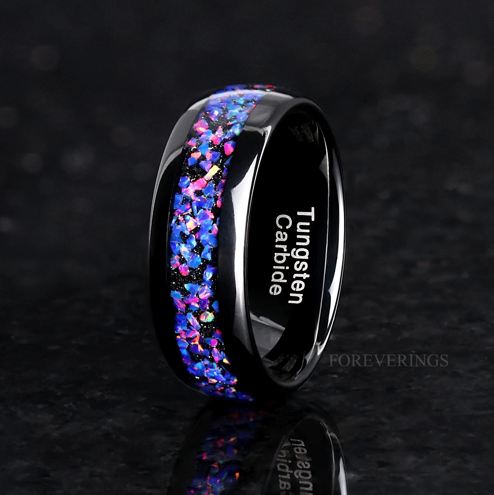 Black Starry Night Van Gogh Opal Matching Ring Set, His and Hers Tungsten Wedding Band, 8mm & 4mm Black Ring Set for Couples, Ring Engraving