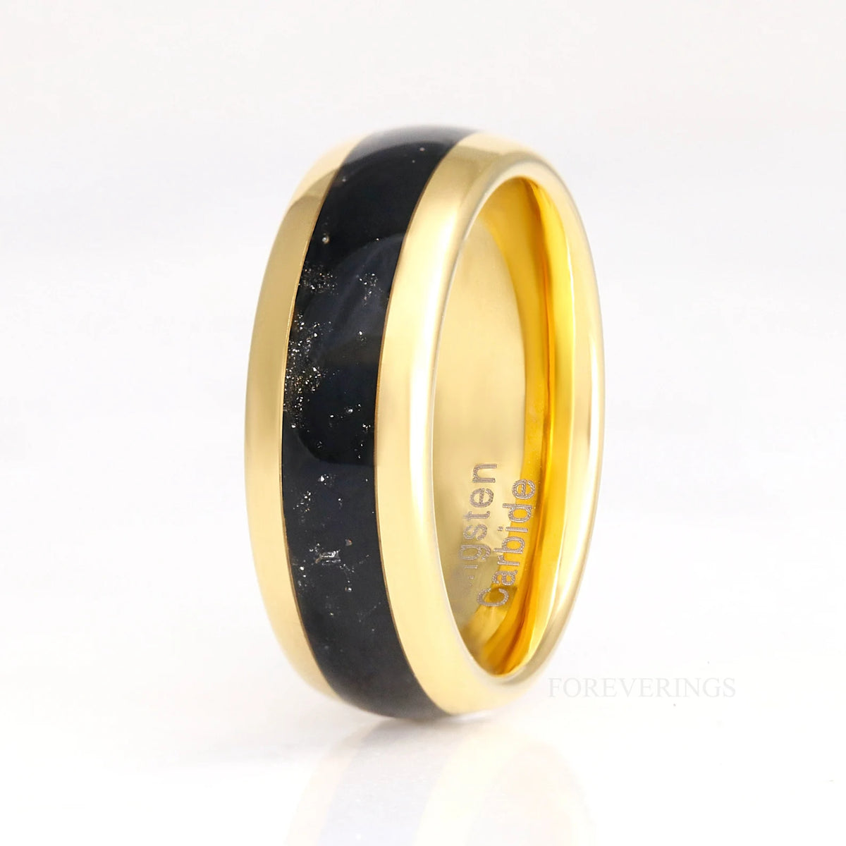 Gold Onyx Wedding Band Set, Couples Black Onyx Wedding Ring, 8mm & 4mm Gold Plated Ring Set, Polish, Dome, Comfort Fit