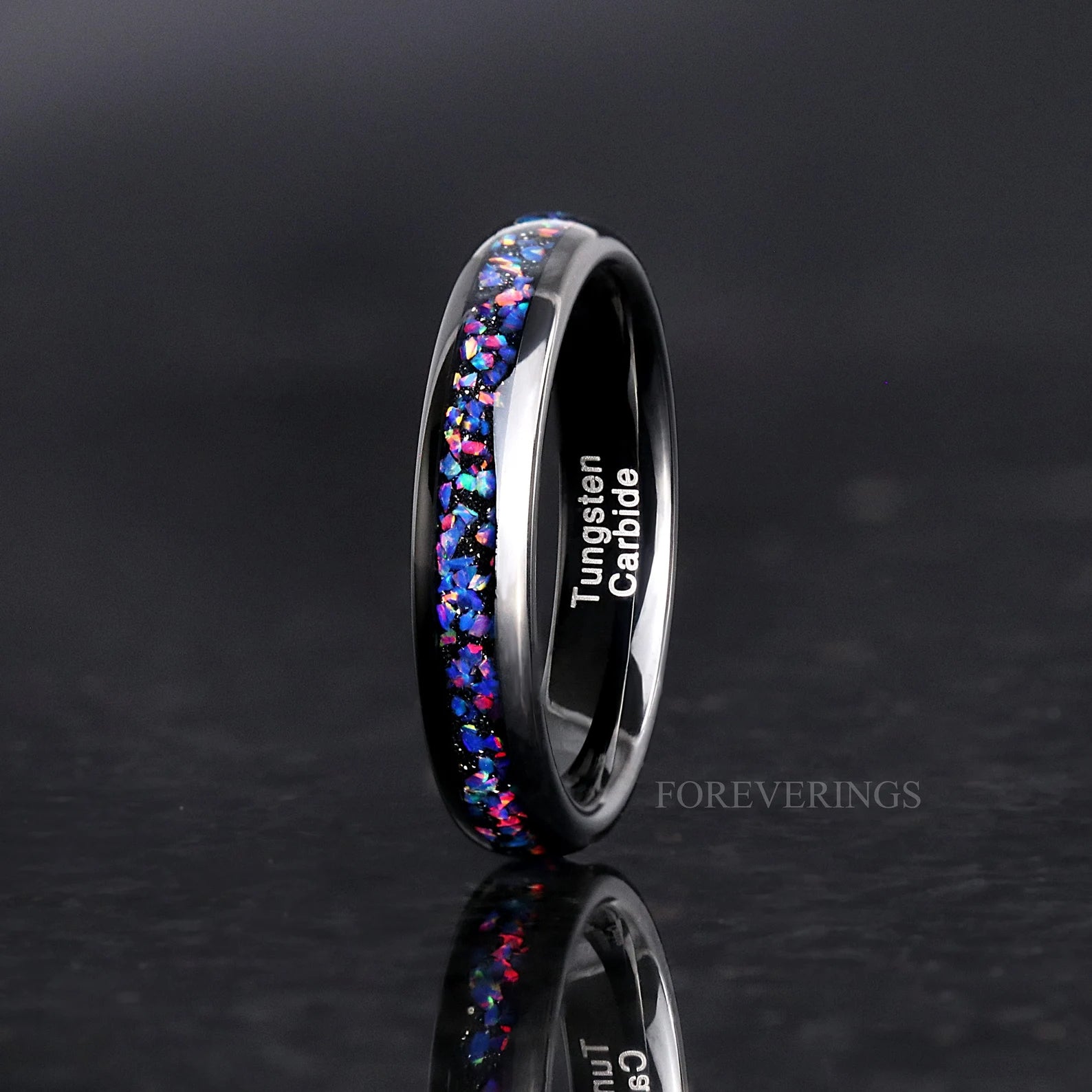 Black Starry Night Van Gogh Opal Matching Ring Set, His and Hers Tungsten Wedding Band, 8mm & 4mm Black Ring Set for Couples, Ring Engraving