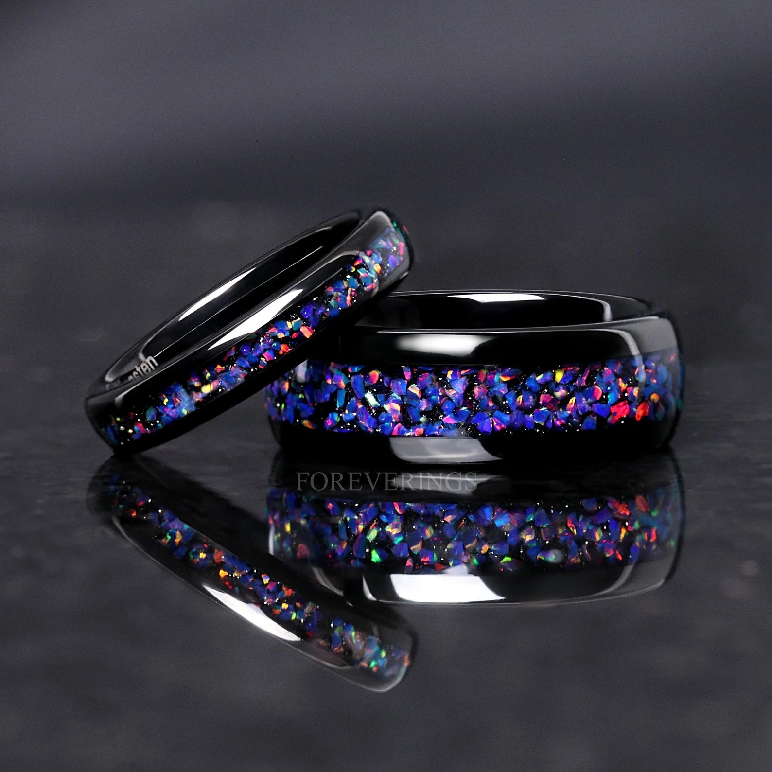 Black Starry Night Van Gogh Opal Matching Ring Set, His and Hers Tungsten Wedding Band, 8mm & 4mm Black Ring Set for Couples, Ring Engraving